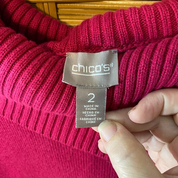 Chico’s Pink Button Cowl Neck Sweater Tunic Size 2 Large Pockets Cozy Knit - Picture 4 of 8